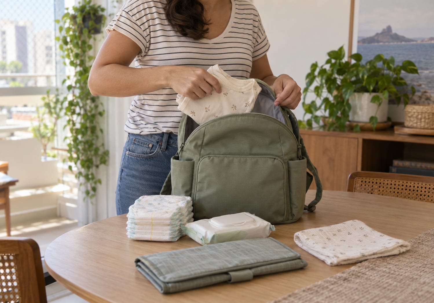 Adulto guarda roupa de bebê em uma mochila ao lado de fraldas e itens de troca.