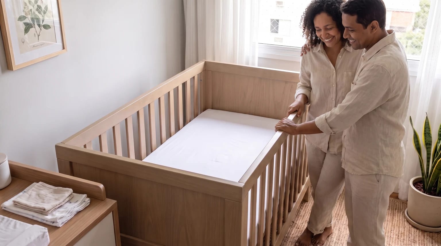 Uma mãe e um pai sorridentes se abraçam ao lado de um berço de madeira em um quarto claro.