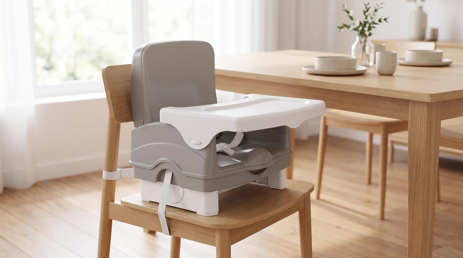 Cadeirinha portátil Cosco Smart cinza, com bandeja branca, presa a uma cadeira de jantar de madeira.