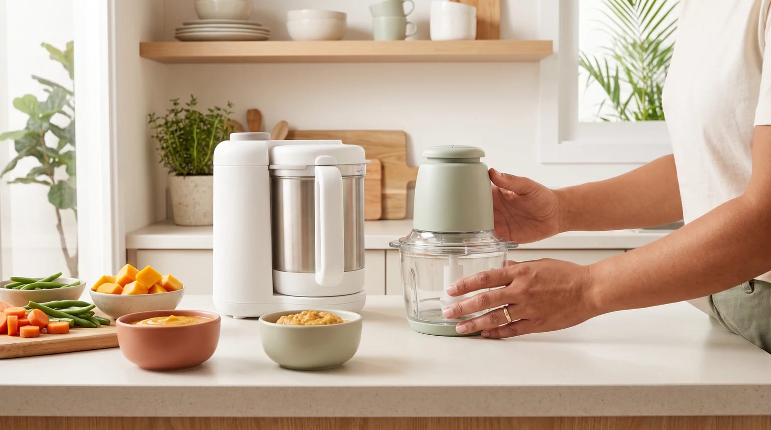 Pessoa usando um processador compacto ao lado de outro processador de alimentos, com legumes cortados e tigelas de papinha sobre a bancada.