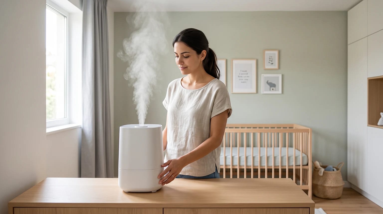Mulher ajusta um umidificador de ar branco que libera névoa sobre uma cômoda, em um quarto de bebê.