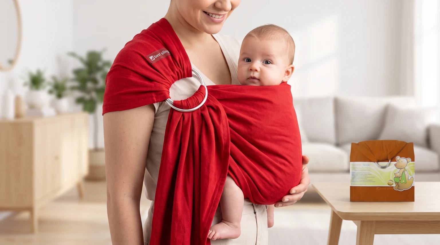 Mulher carrega um bebê em um sling de argolas vermelho, com a embalagem do produto ao lado.