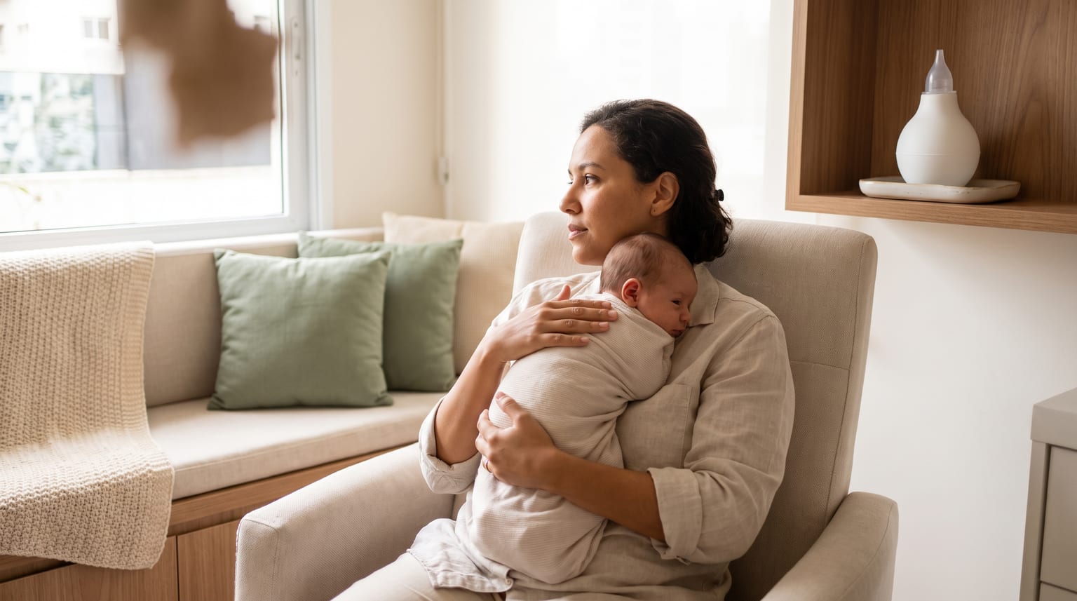 Cuidadora conforta o bebê depois de deixar o aspirador nasal de lado.