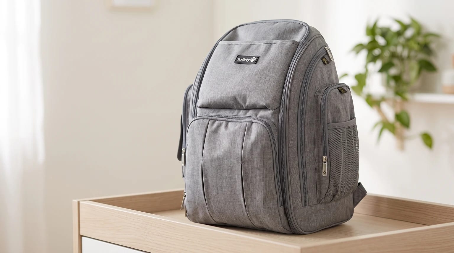 Mochila de maternidade cinza com vários bolsos, sobre um móvel trocador de madeira em um quarto claro.