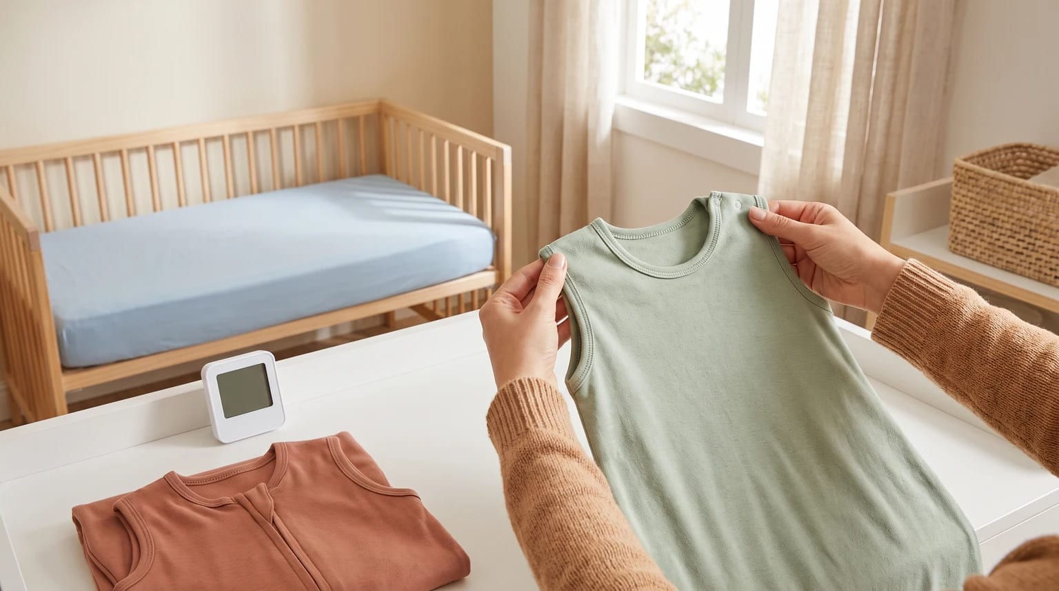 Uma pessoa compara dois sacos de dormir para bebê sobre um trocador, ao lado de um termômetro e de um berço vazio.