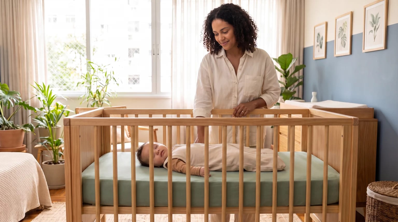Bebê dorme de barriga para cima em um berço com grades, enquanto uma cuidadora permanece ao lado.