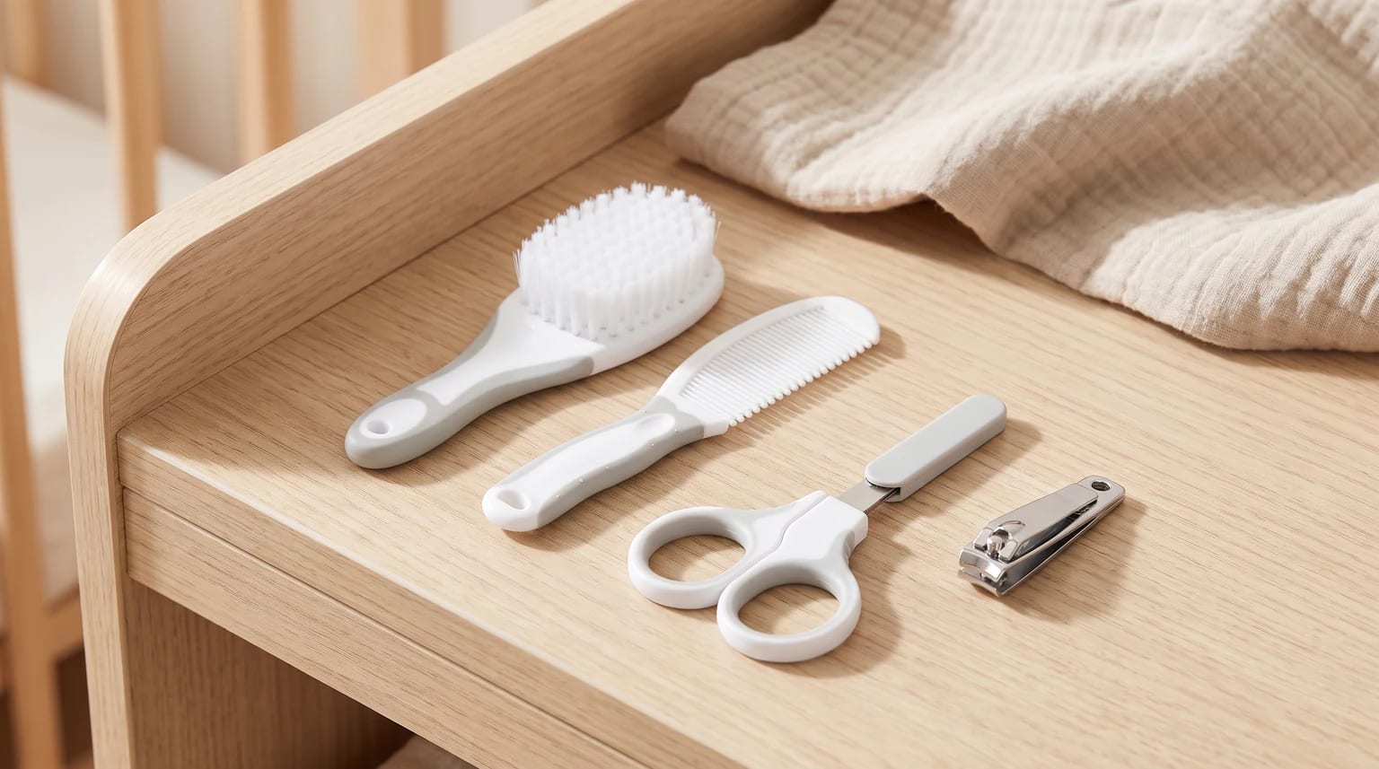 Kit de higiene para bebê com escova, pente, tesoura com capa e cortador de unha em branco e cinza sobre um trocador de madeira clara.