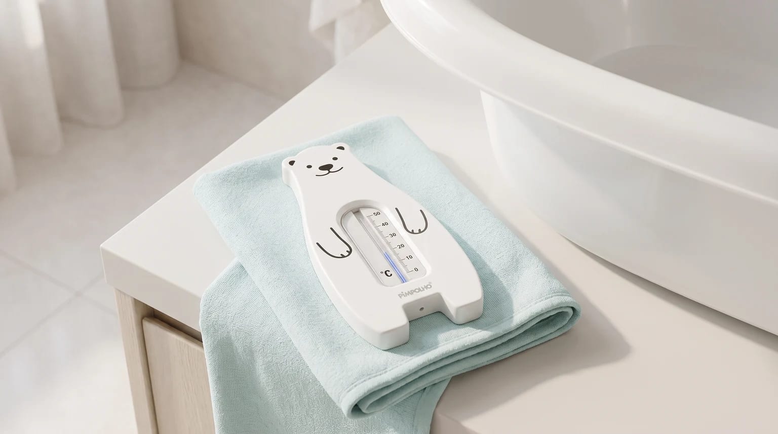 Termômetro de banho branco em formato de urso sobre uma toalha azul-clara, ao lado de uma banheira.
