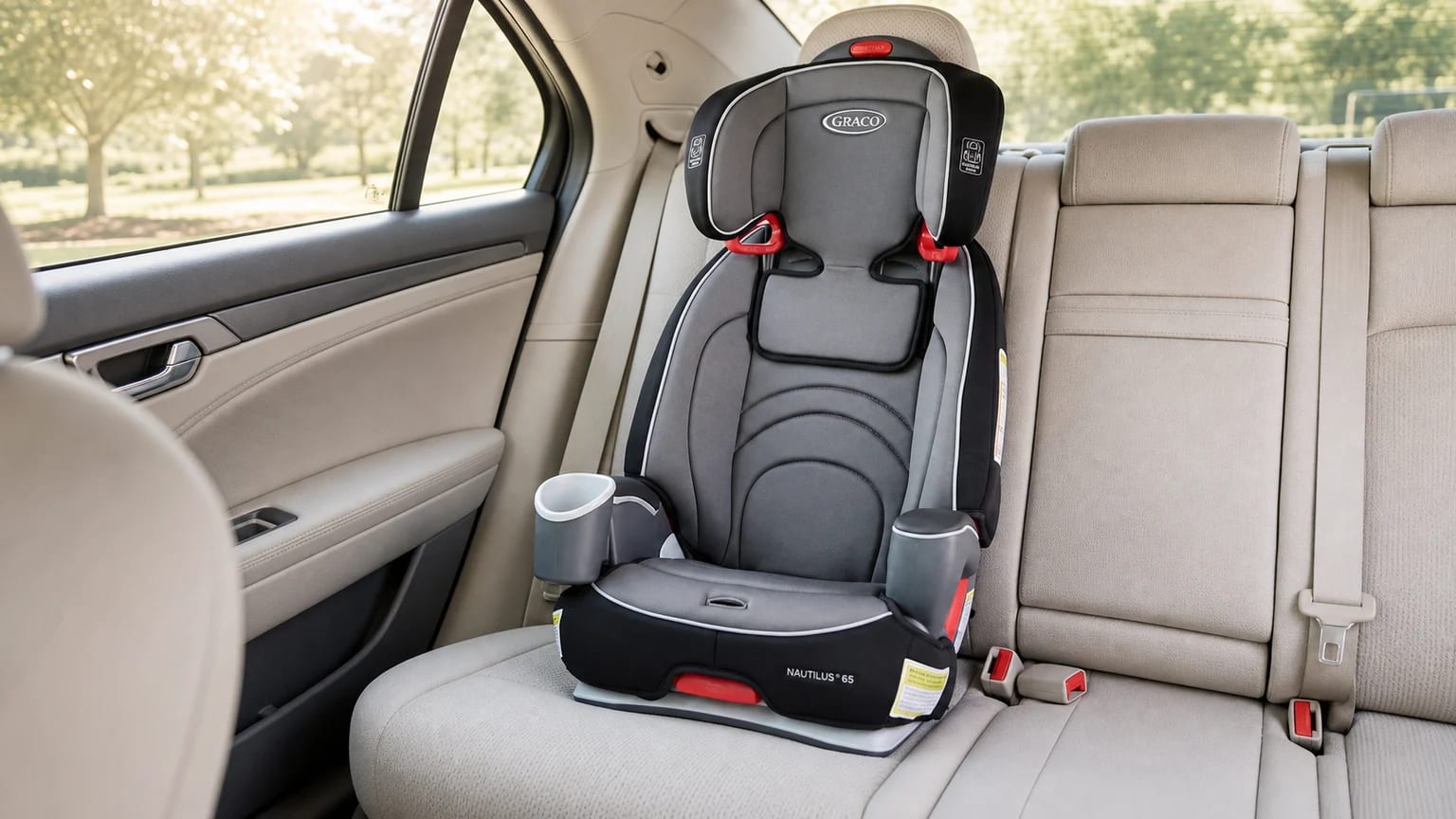 Cadeirinha Graco Nautilus 65 cinza e preta, com dois porta-copos, instalada no banco traseiro de um carro com interior bege.