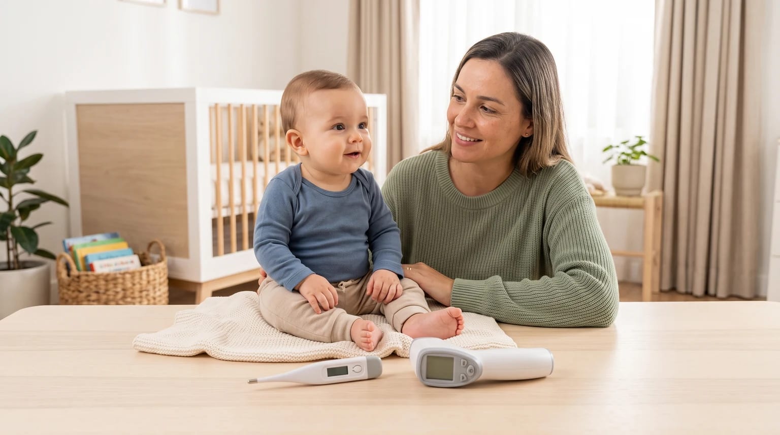 Mulher ao lado de um bebê, com um termômetro de contato e outro infravermelho sobre uma mesa de madeira clara.