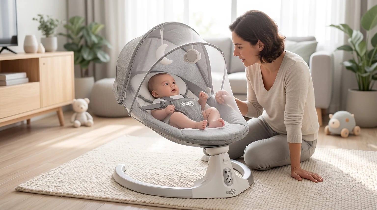 Bebê acordado na cadeira de balanço automática Maxi Baby Fancy, sob o mosquiteiro, com o cinto ajustado e a mãe ao lado.