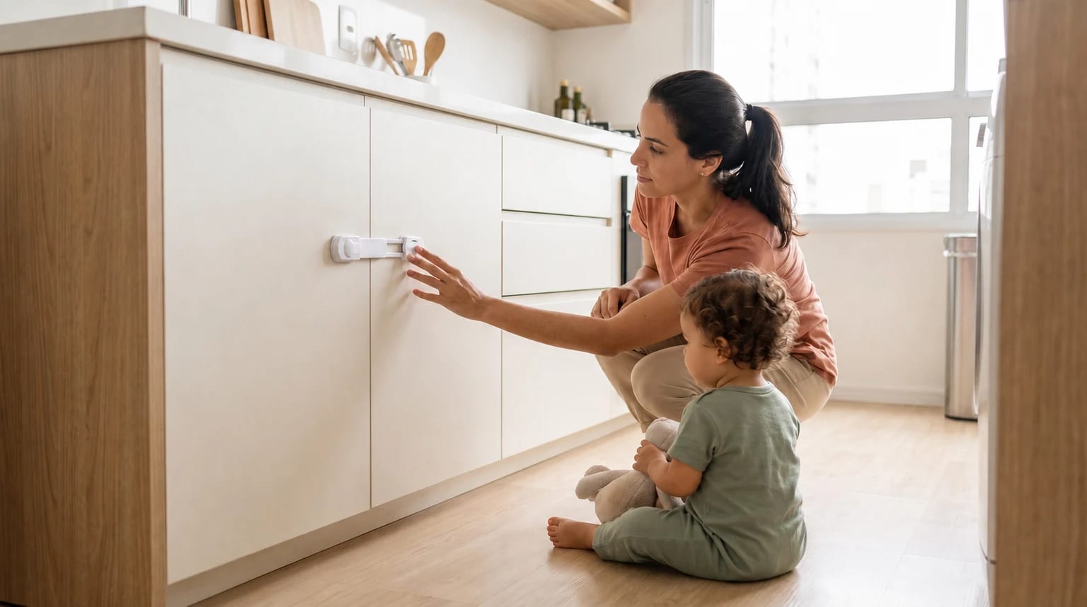 Uma mulher agachada verifica a trava de segurança de um armário na cozinha enquanto uma criança pequena está sentada ao lado com um brinquedo de pelúcia.