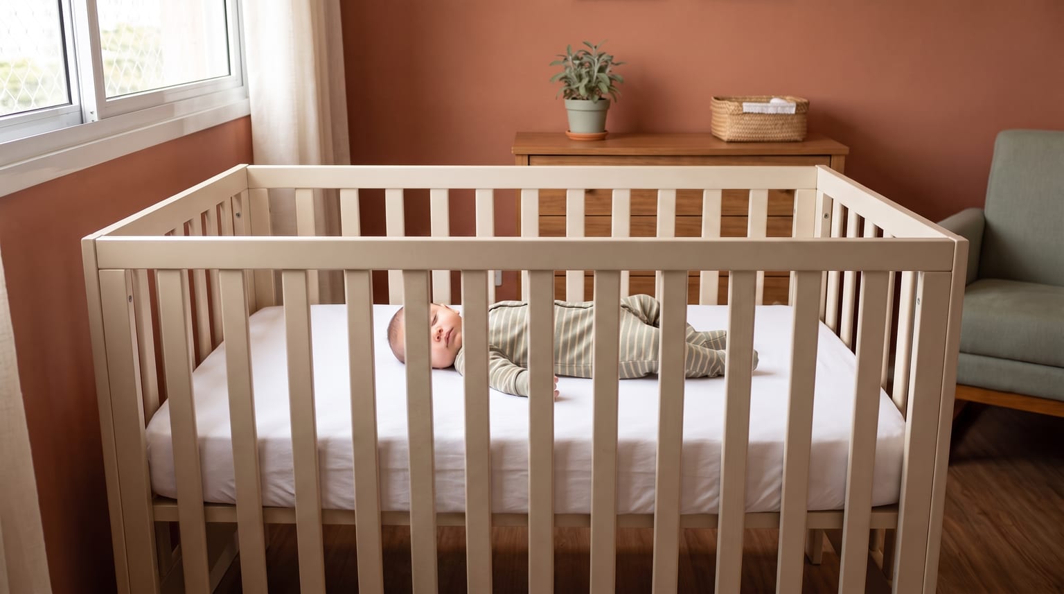 Bebê dorme de barriga para cima em um berço de madeira com grades nos quatro lados e colchão firme e plano.