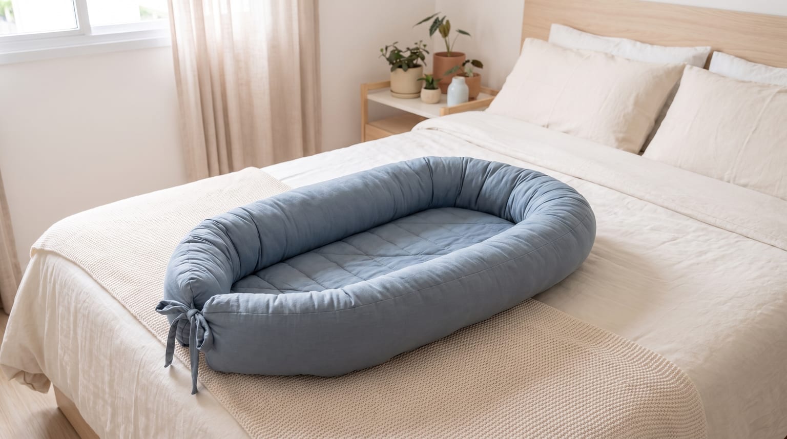 Ninho ou redutor para bebê vazio, de tecido azul, sobre uma cama arrumada em um quarto claro.