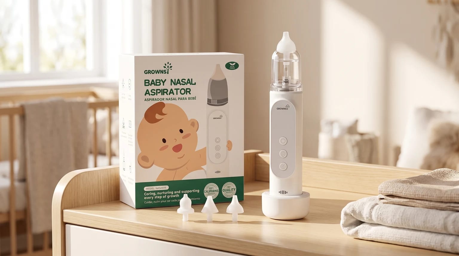 Aspirador nasal elétrico GROWNSY NASA006 ao lado da caixa e de três ponteiras de silicone sobre um trocador de madeira, com um berço ao fundo.