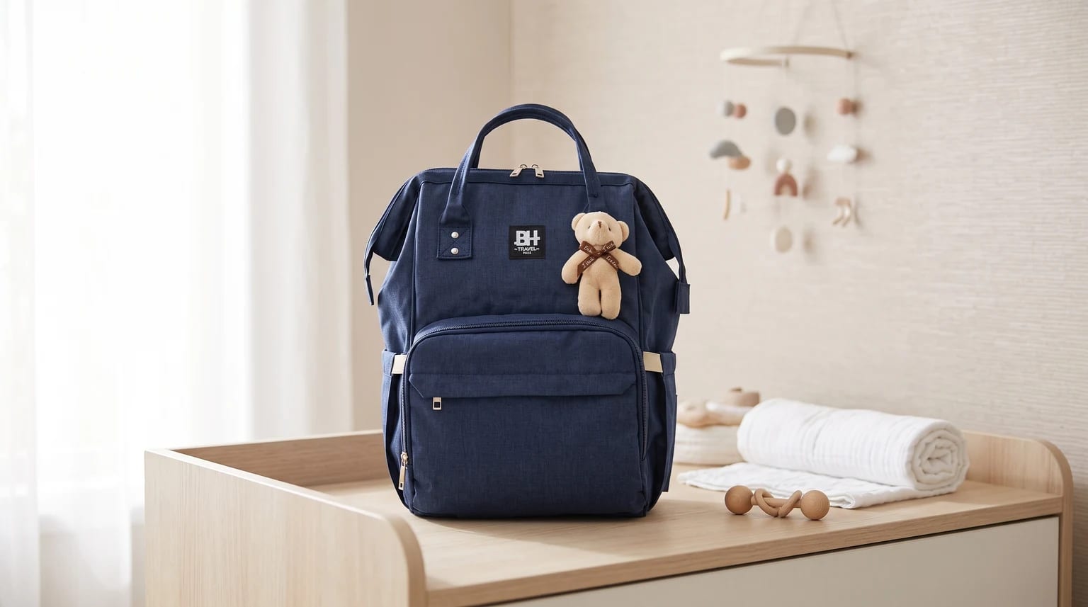 Mochila de maternidade azul-marinho com um ursinho de pelúcia pendurado, apoiada sobre um móvel trocador de madeira em um quarto de bebê.