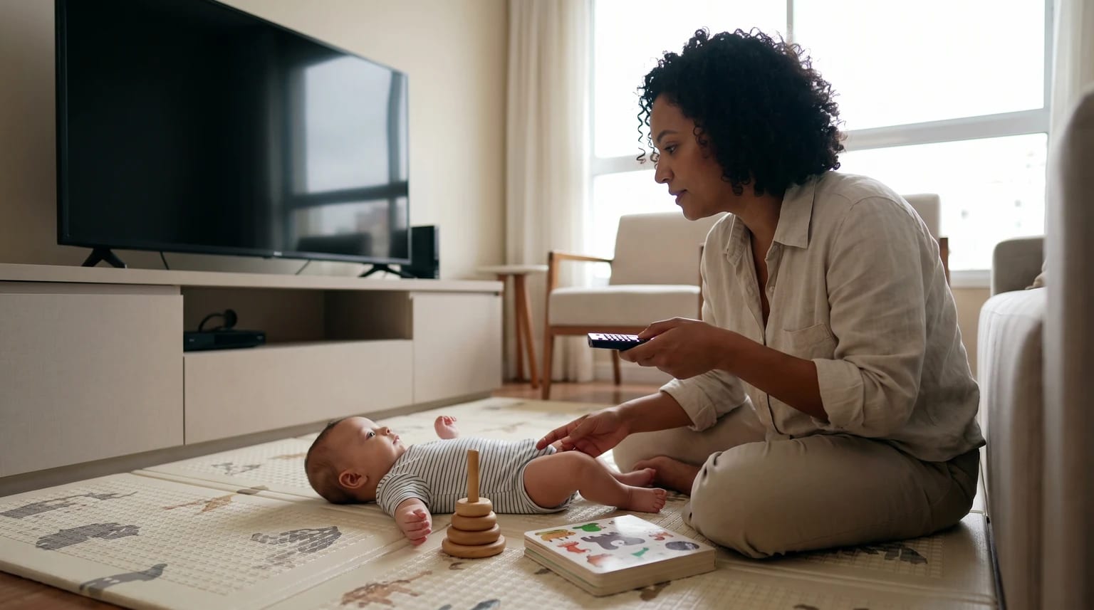 Uma cuidadora segura o controle de uma televisão desligada e volta a atenção para o bebê no tapete.