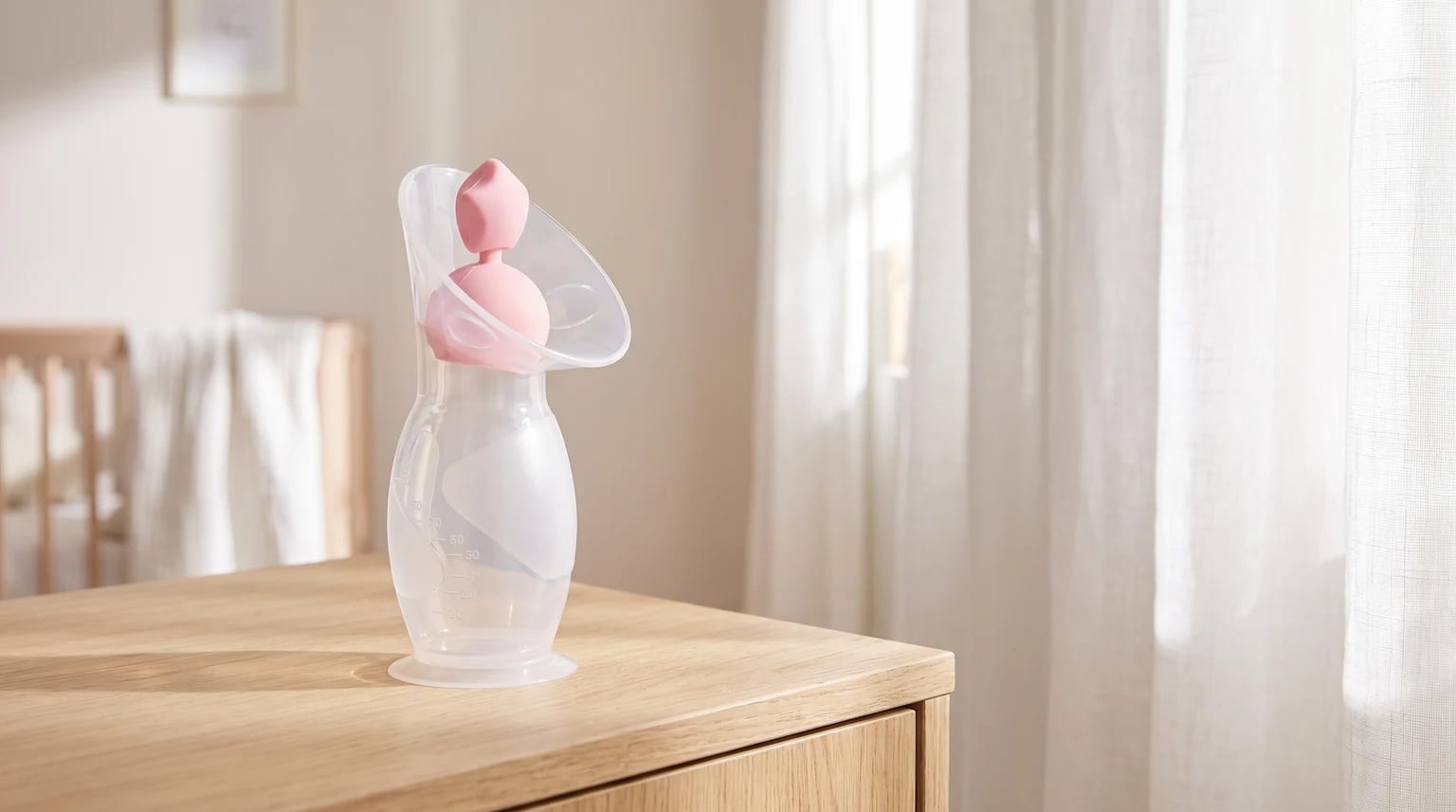 Coletor de silicone NUK Essence vazio, com tampão rosa, sobre uma cômoda de madeira clara.