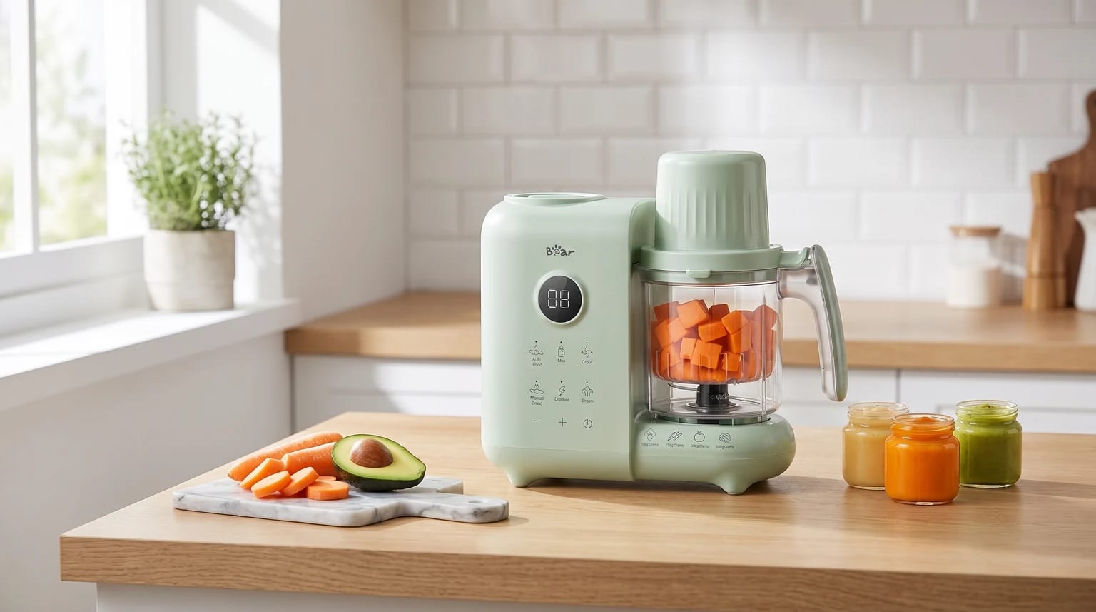 Processador Bear verde-claro em uma bancada, com cenoura no copo, potes de papinha, cenouras e meio abacate ao lado.