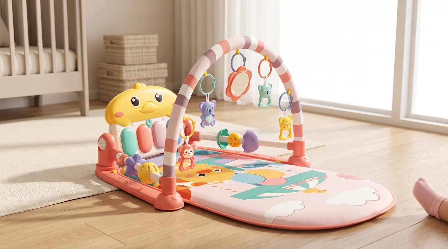 Zoop Toys rosa montado no chão de um quarto, com piano em formato de pato, arco listrado e brinquedos pendentes.