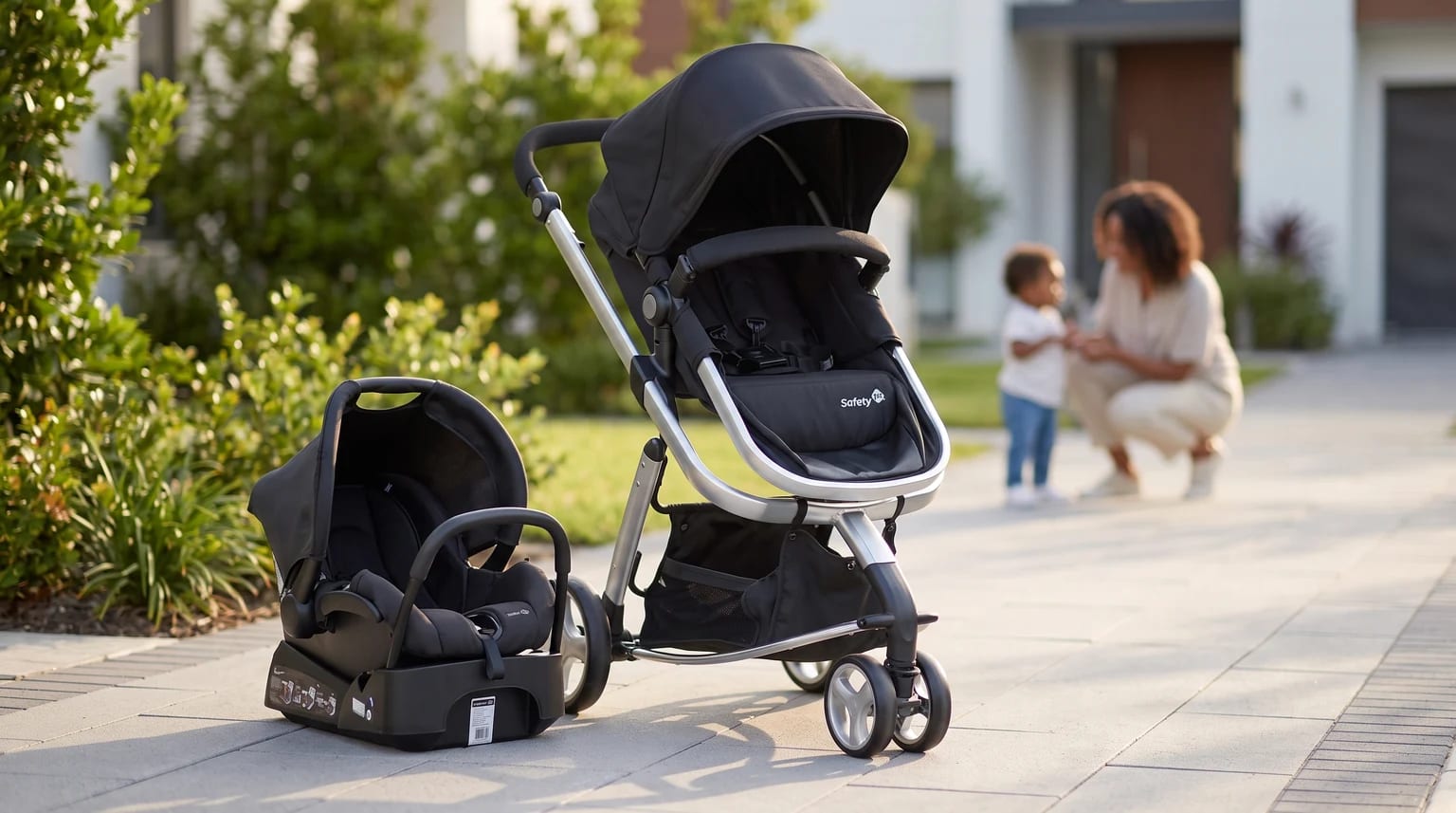 Carrinho de bebê Safety 1st Mobi Trio preto e prata, com bebê-conforto ao lado, em uma calçada residencial.