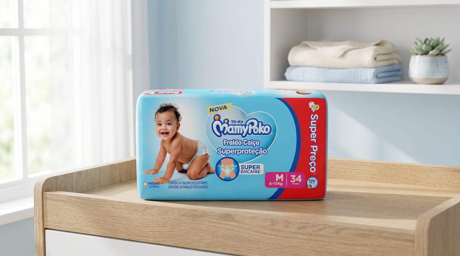 Pacote da fralda-calça MamyPoko Superproteção sobre um trocador de madeira em um quarto de bebê.