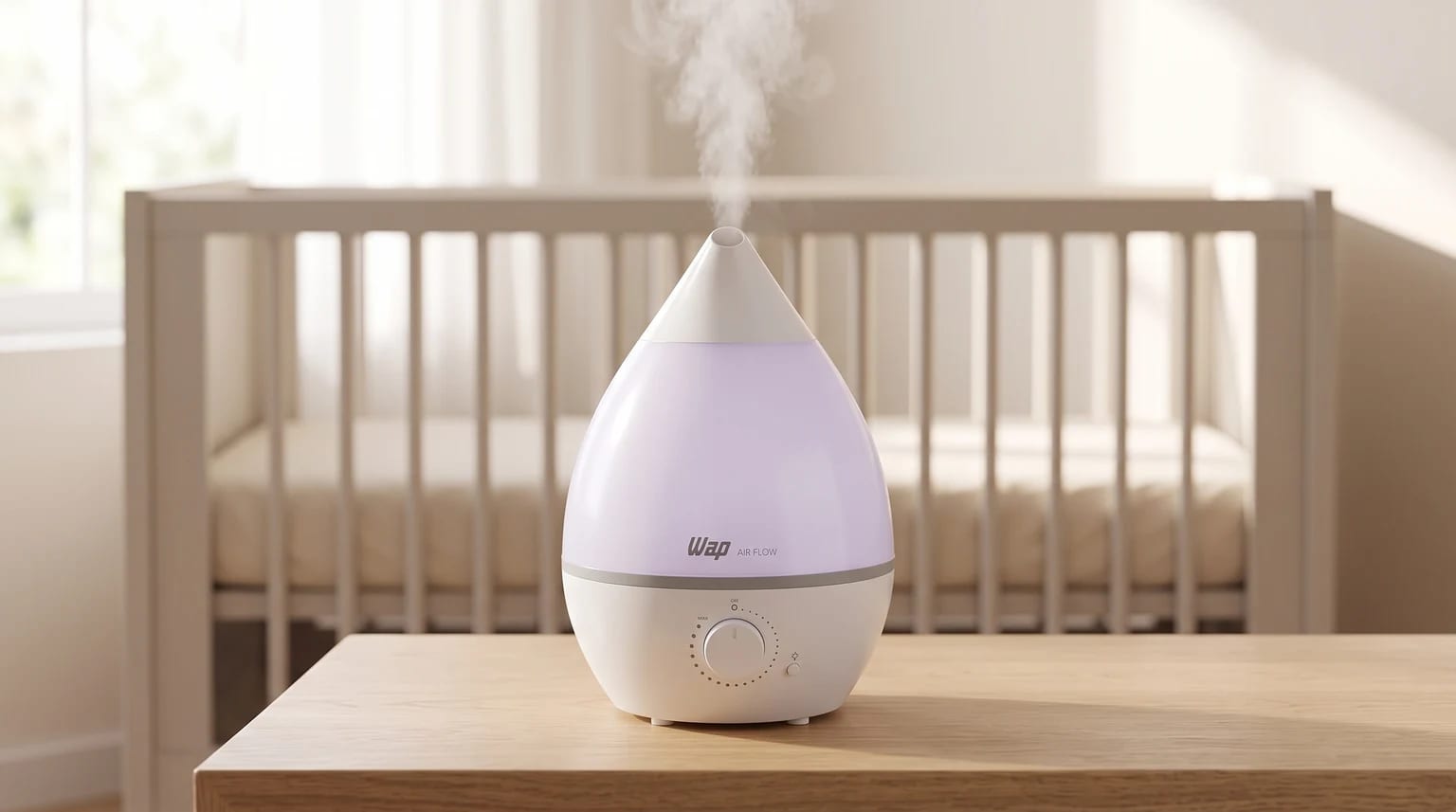 Umidificador WAP branco com luz lilás sobre uma mesa de madeira, liberando névoa em um quarto de bebê bem iluminado.