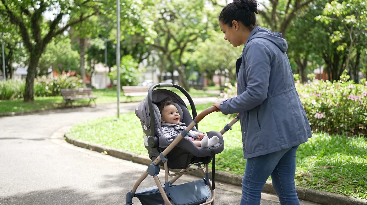 Bebê acordado em um bebê conforto acoplado ao carrinho, acompanhado por uma cuidadora em um parque arborizado.
