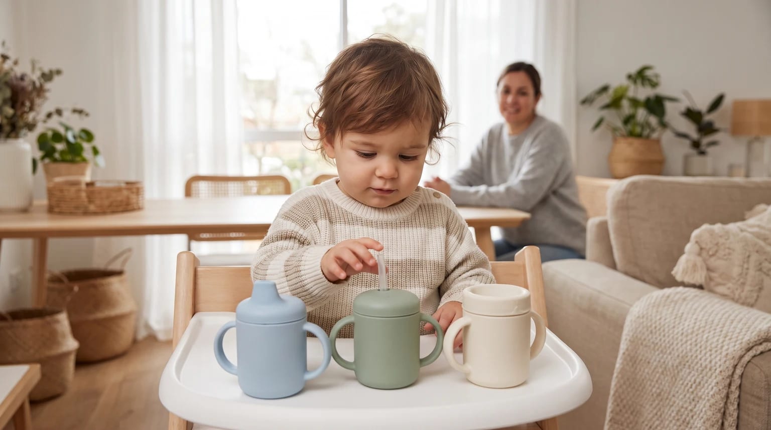 Bebê sentado na cadeira de alimentação toca um copo com canudo entre três modelos, com uma cuidadora ao fundo.