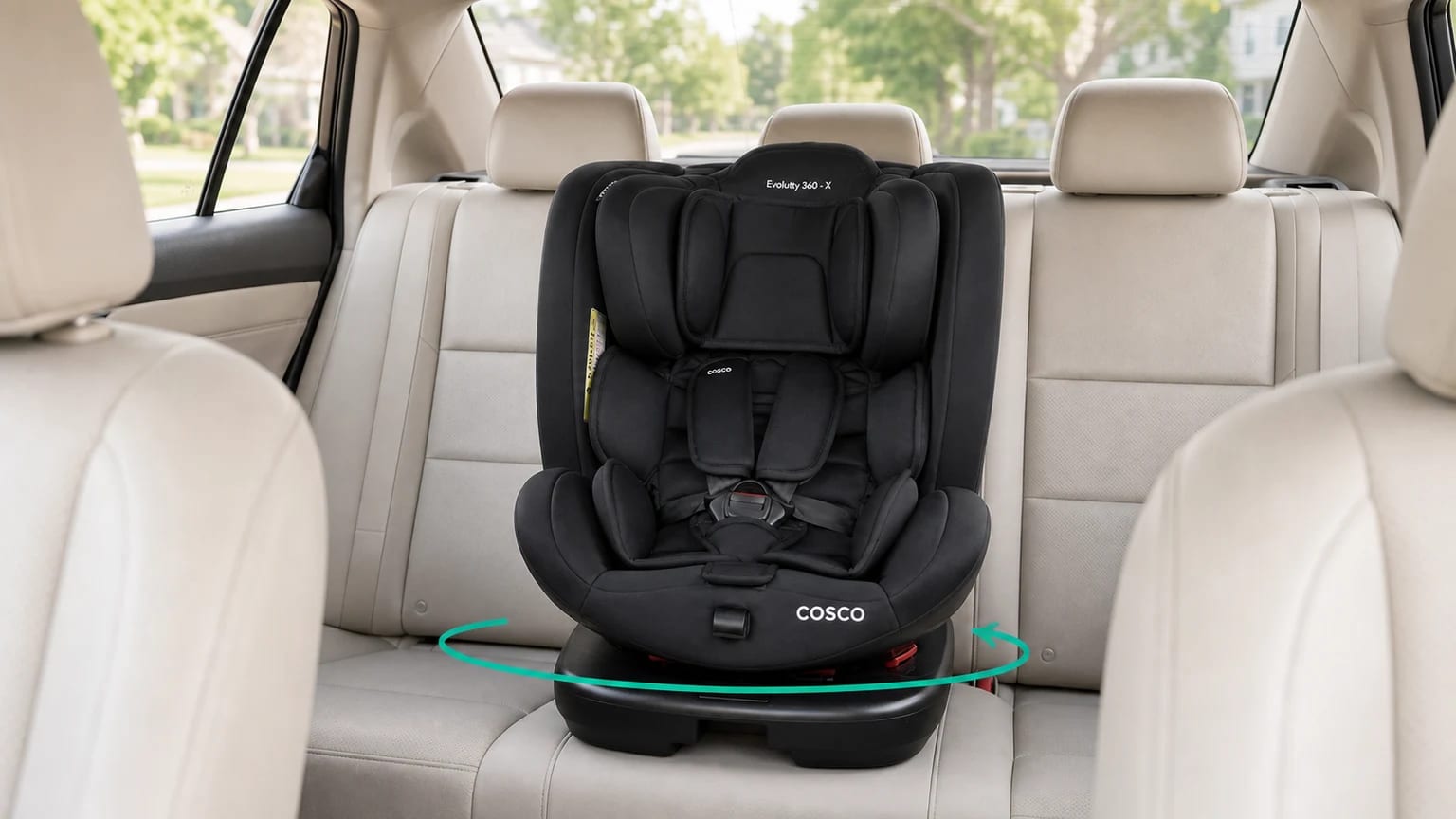 Cadeirinha Cosco Evolutty 360 X preta instalada no banco traseiro e vista de frente, a partir dos bancos dianteiros, com uma seta turquesa indicando o giro.