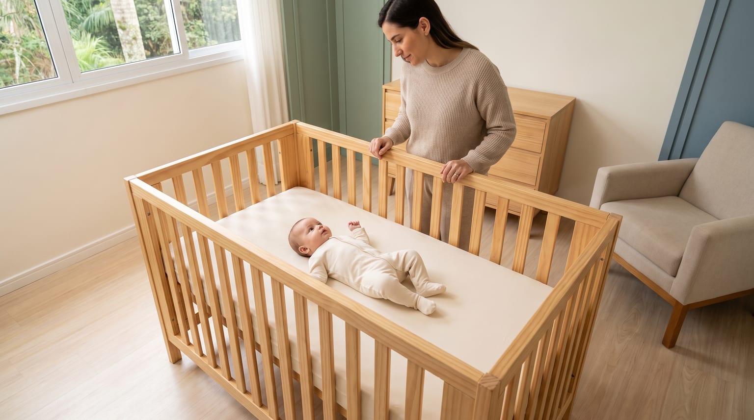 Bebê acordado deitado de barriga para cima em berço convencional completo, com a cabeça descoberta e a superfície de sono sem objetos soltos.