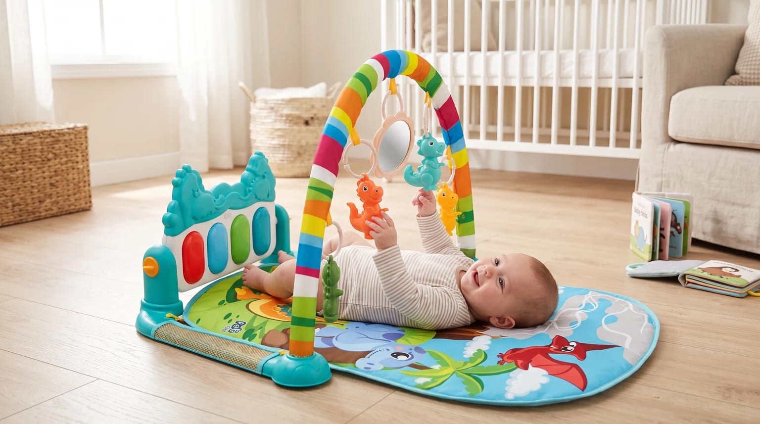 Bebê deitado no Maxi Baby Funny Dino, estendendo a mão para um brinquedo pendente no arco colorido.