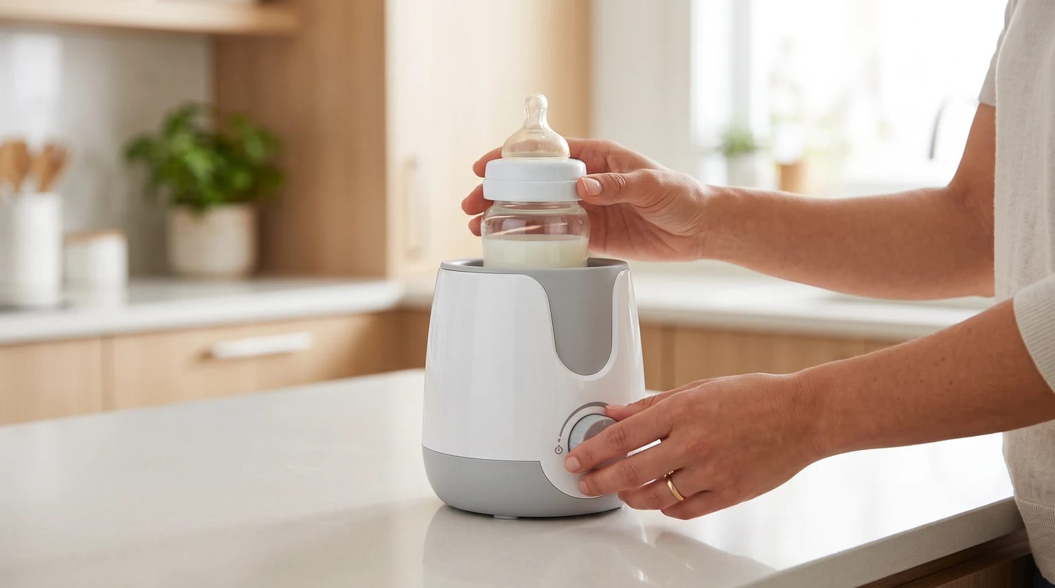 Uma pessoa segura uma mamadeira com leite dentro de um aquecedor branco sobre a bancada enquanto ajusta o botão do aparelho.
