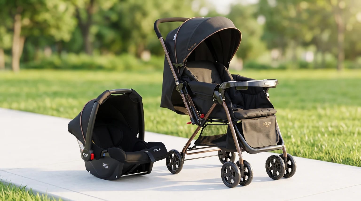 Carrinho de bebê Cosco Reverse Duo preto, com estrutura bronze e bebê-conforto ao lado, em uma calçada de parque.