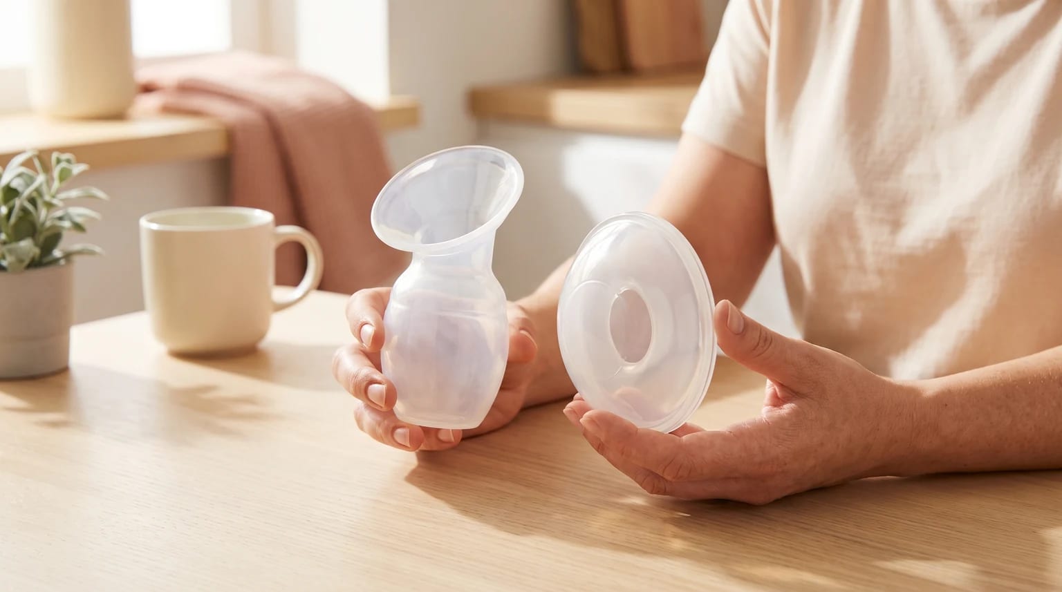 Uma pessoa sentada à mesa segura lado a lado um coletor de silicone e uma concha coletora.