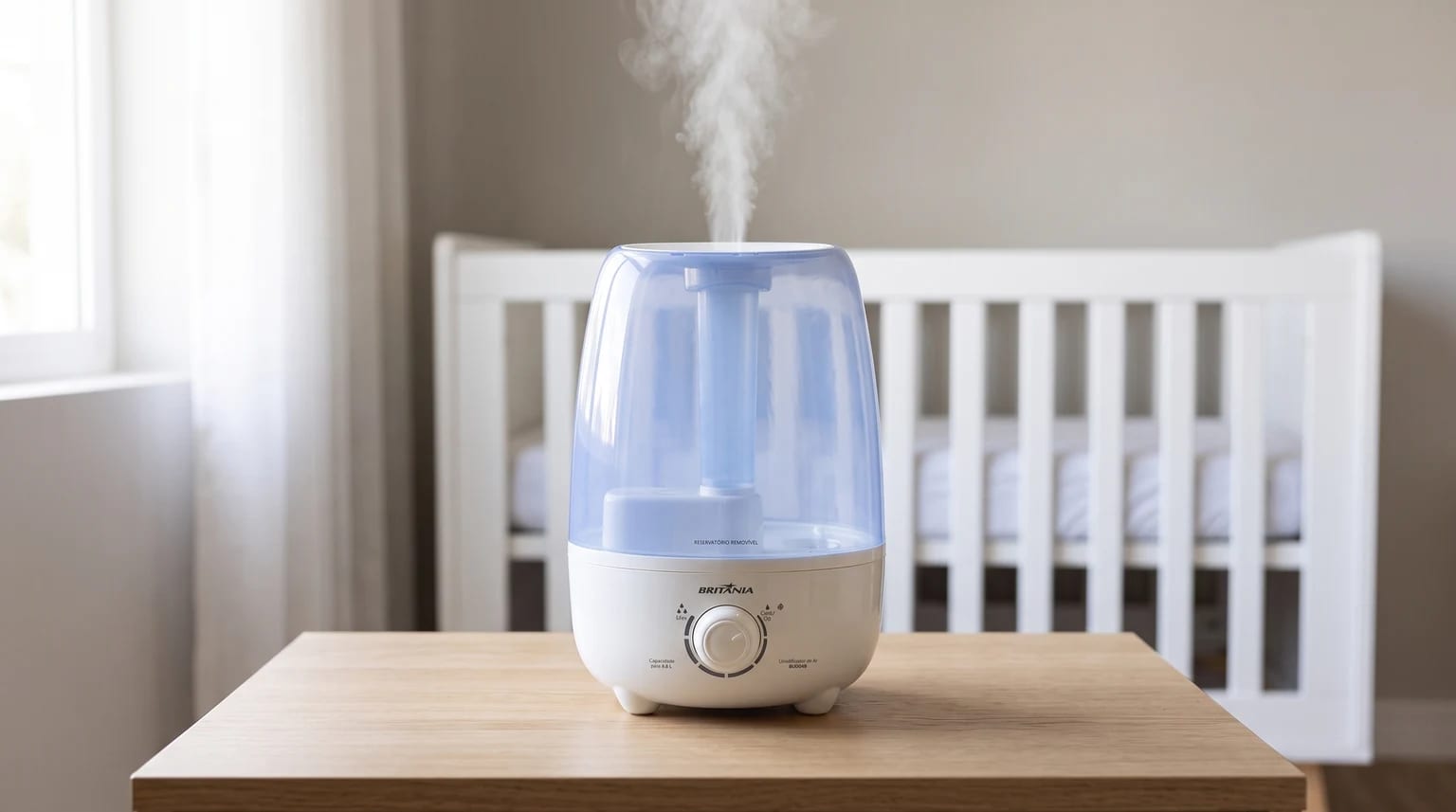 Umidificador Britânia branco com tanque azul sobre uma mesa, liberando névoa em um quarto de bebê claro.