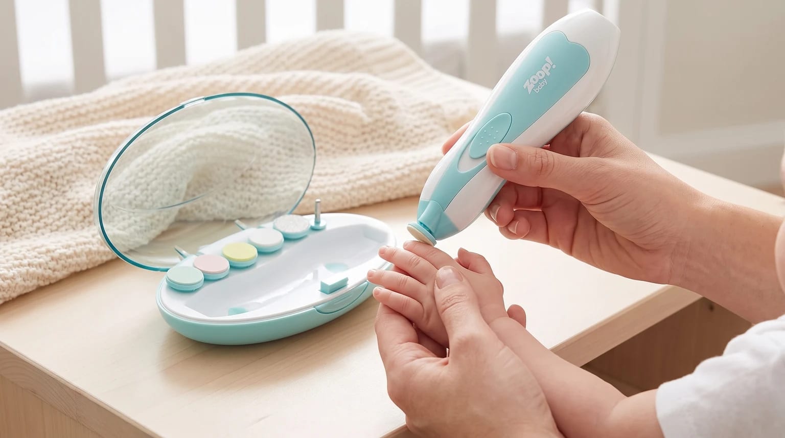 Um adulto segura a lixa de unha elétrica Zoop perto das unhas do bebê, com o estojo aberto e os discos coloridos ao lado.