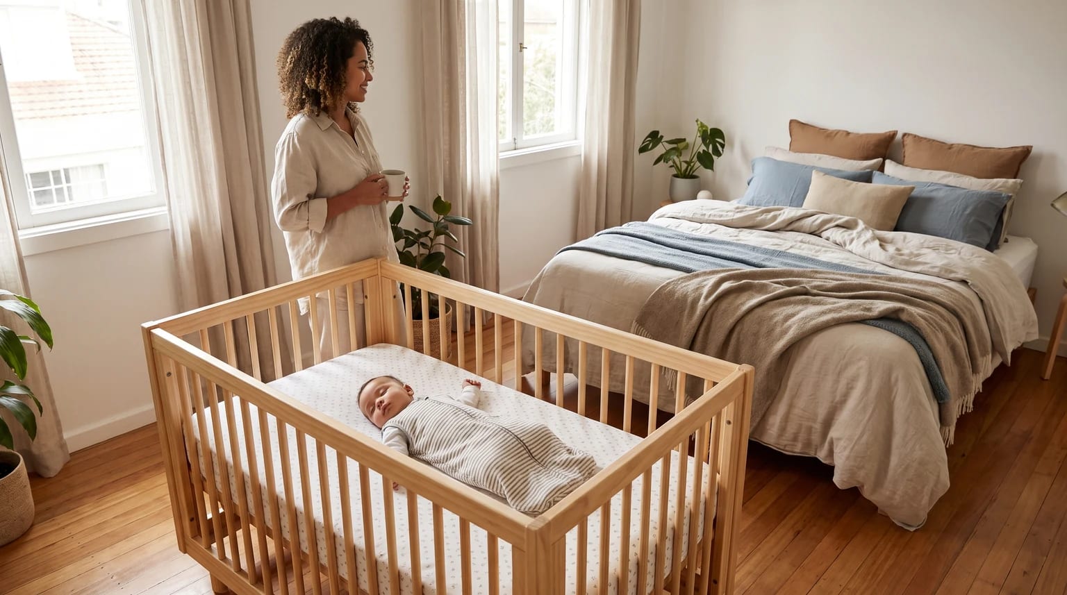 Bebê dorme de barriga para cima em um berço livre de objetos, no mesmo quarto que uma cama de adulto vazia e separada.