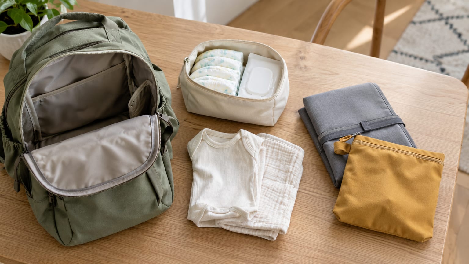 Mochila aberta com fraldas, roupa limpa e itens de troca separados sobre uma mesa.