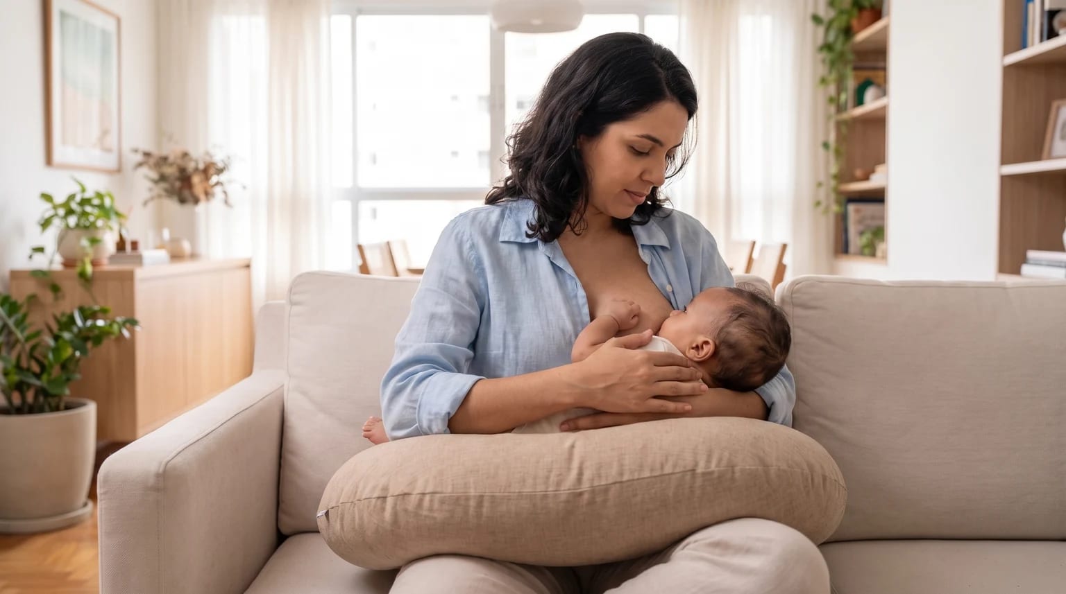 Mãe amamenta um bebê acordado, apoiando-o com os braços sobre uma almofada de amamentação em uma sala clara.