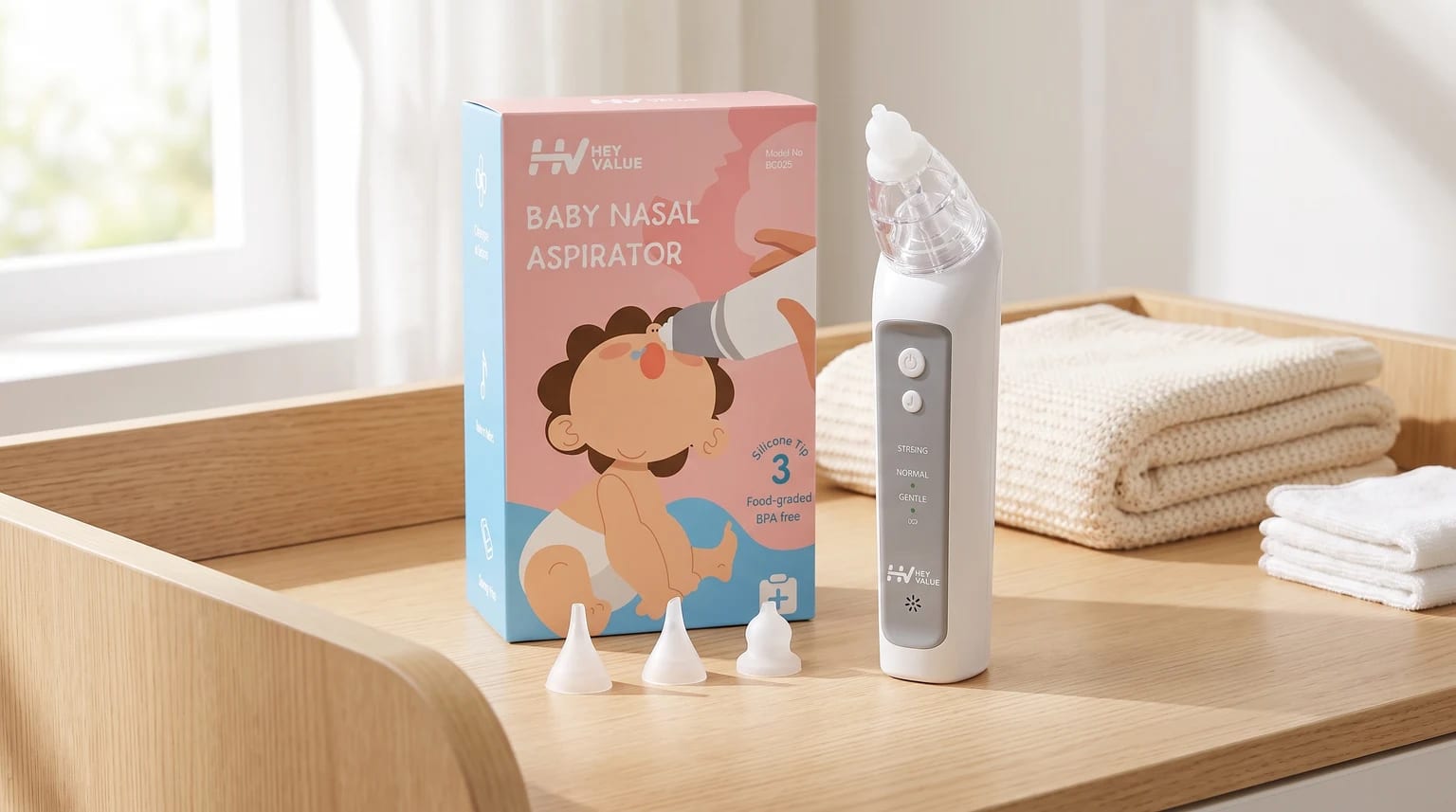 Aspirador nasal elétrico HEYVALUE BC025 ao lado da embalagem e de três ponteiras de silicone sobre uma cômoda de madeira clara.