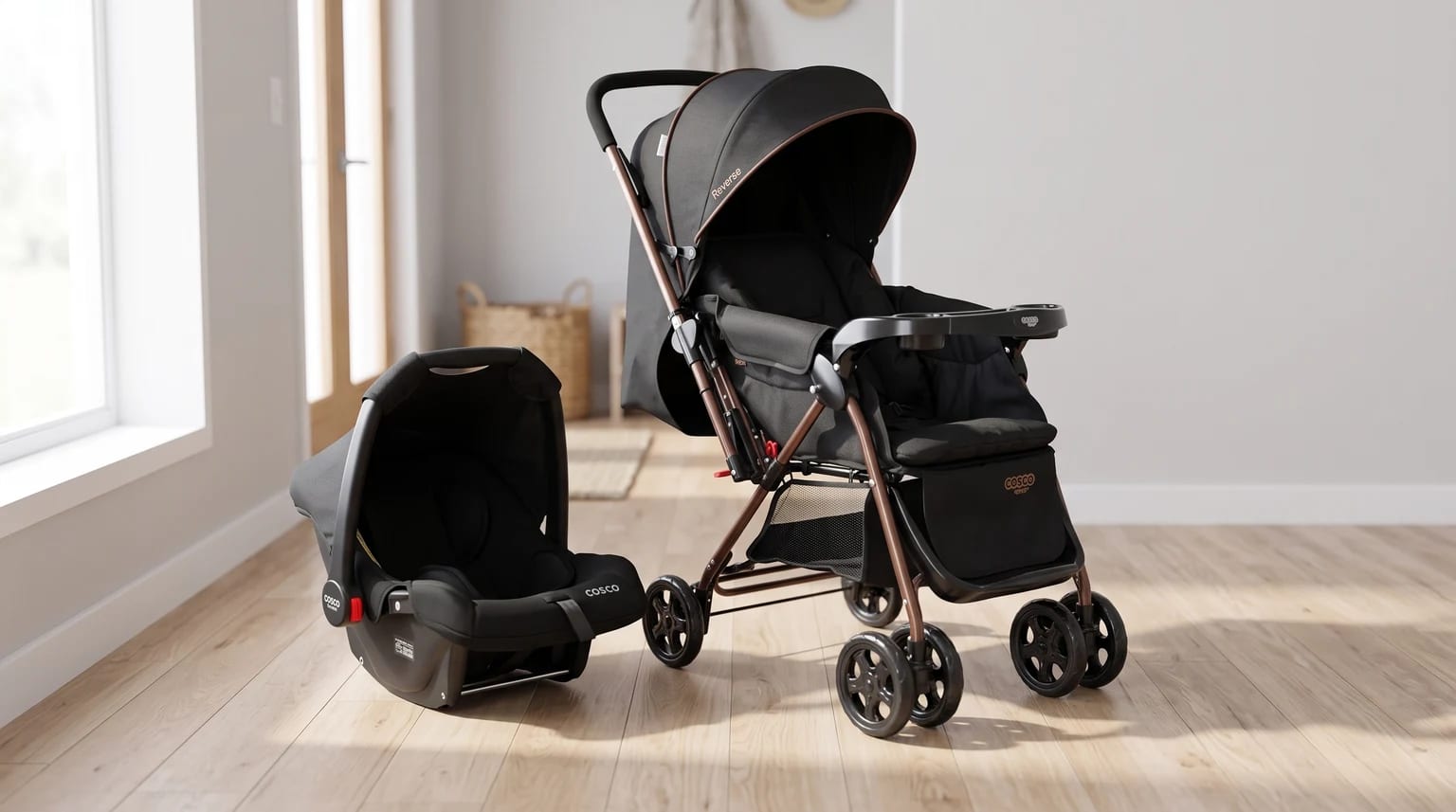 Conjunto de carrinho de bebê e bebê conforto pretos com estrutura na cor cobre, exibidos lado a lado em um piso de madeira claro.