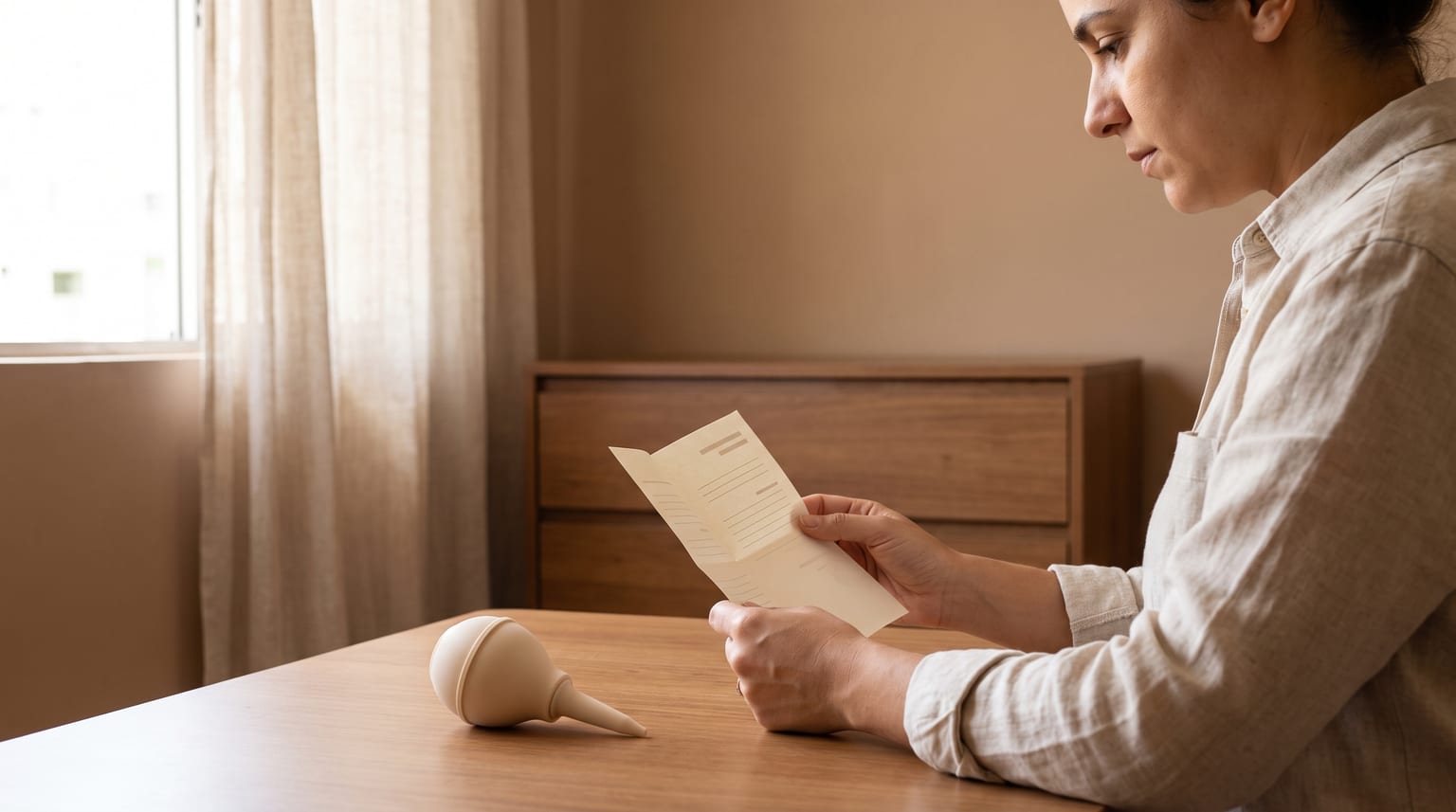 Cuidadora confere as instruções de uma pera nasal antes do uso.