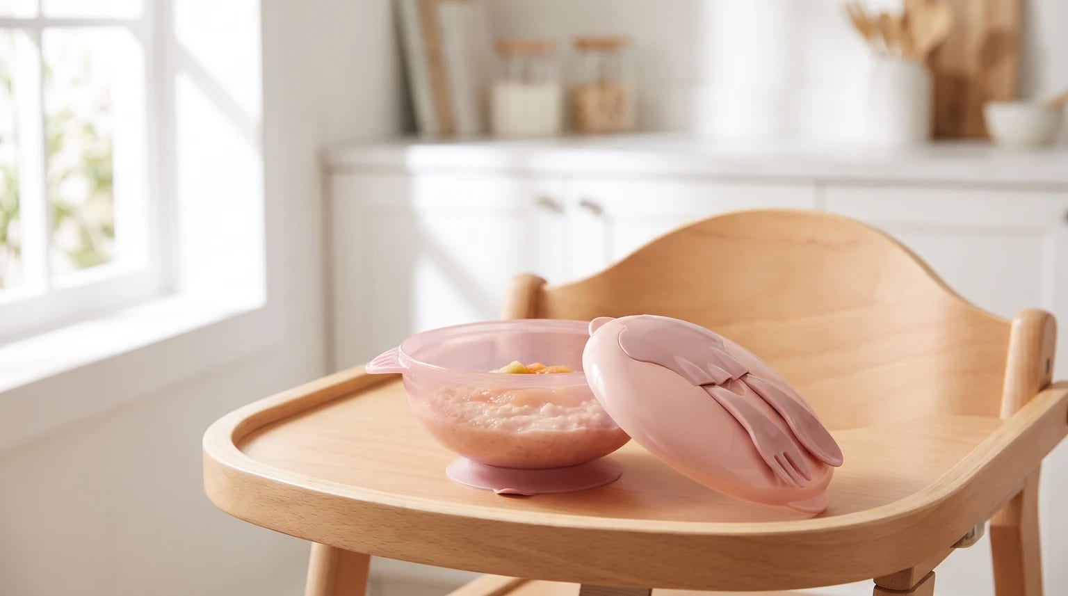 Tigela rosa do kit Buba com mingau sobre a bandeja de uma cadeira de alimentação de madeira, com a tampa, o garfo e a colher ao lado.