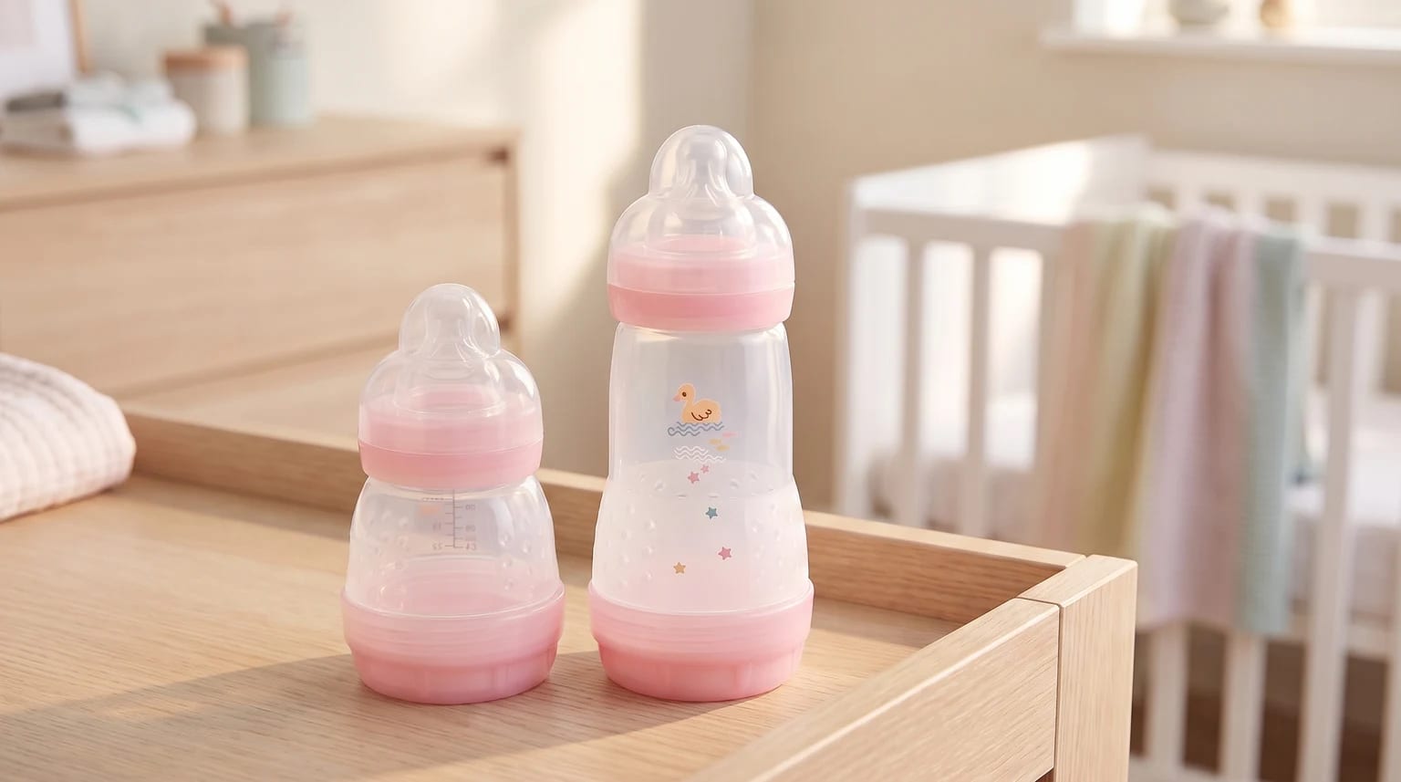 Duas mamadeiras rosa, de tamanhos diferentes, sobre um trocador de madeira em um quarto de bebê com um berço ao fundo.