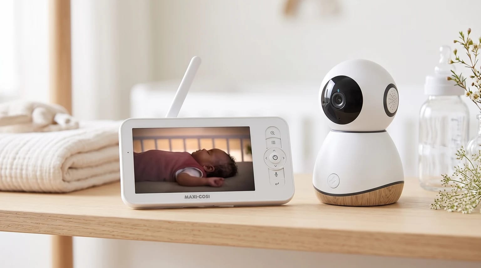 Babá eletrônica com câmera e monitor sobre um móvel de madeira, com a tela mostrando um bebê dormindo em um berço.