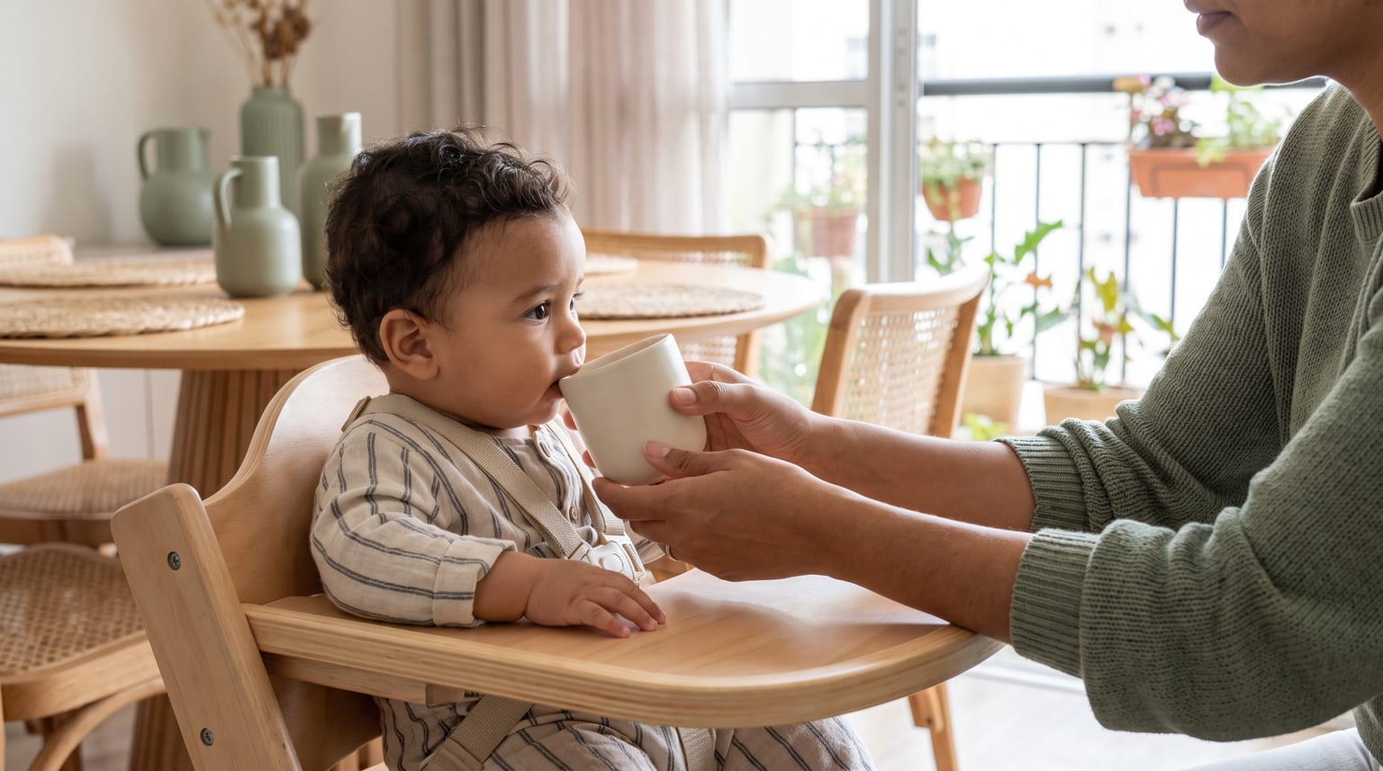 Uma pessoa adulta ajuda um bebê, sentado em uma cadeira de alimentação, a beber de um copo branco.