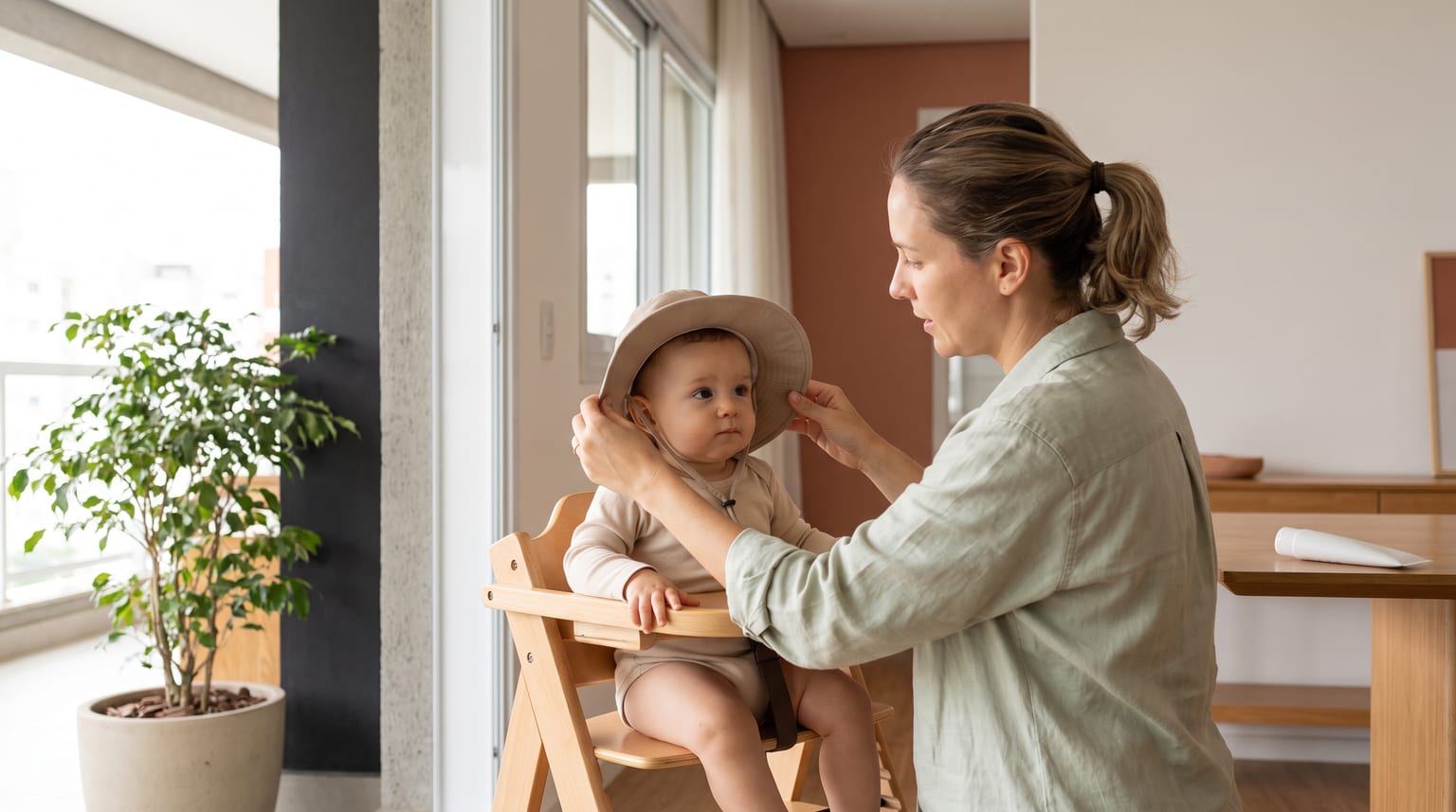Uma mulher ajusta o chapéu de aba de um bebê sentado em uma cadeira de alimentação de madeira, dentro de casa.