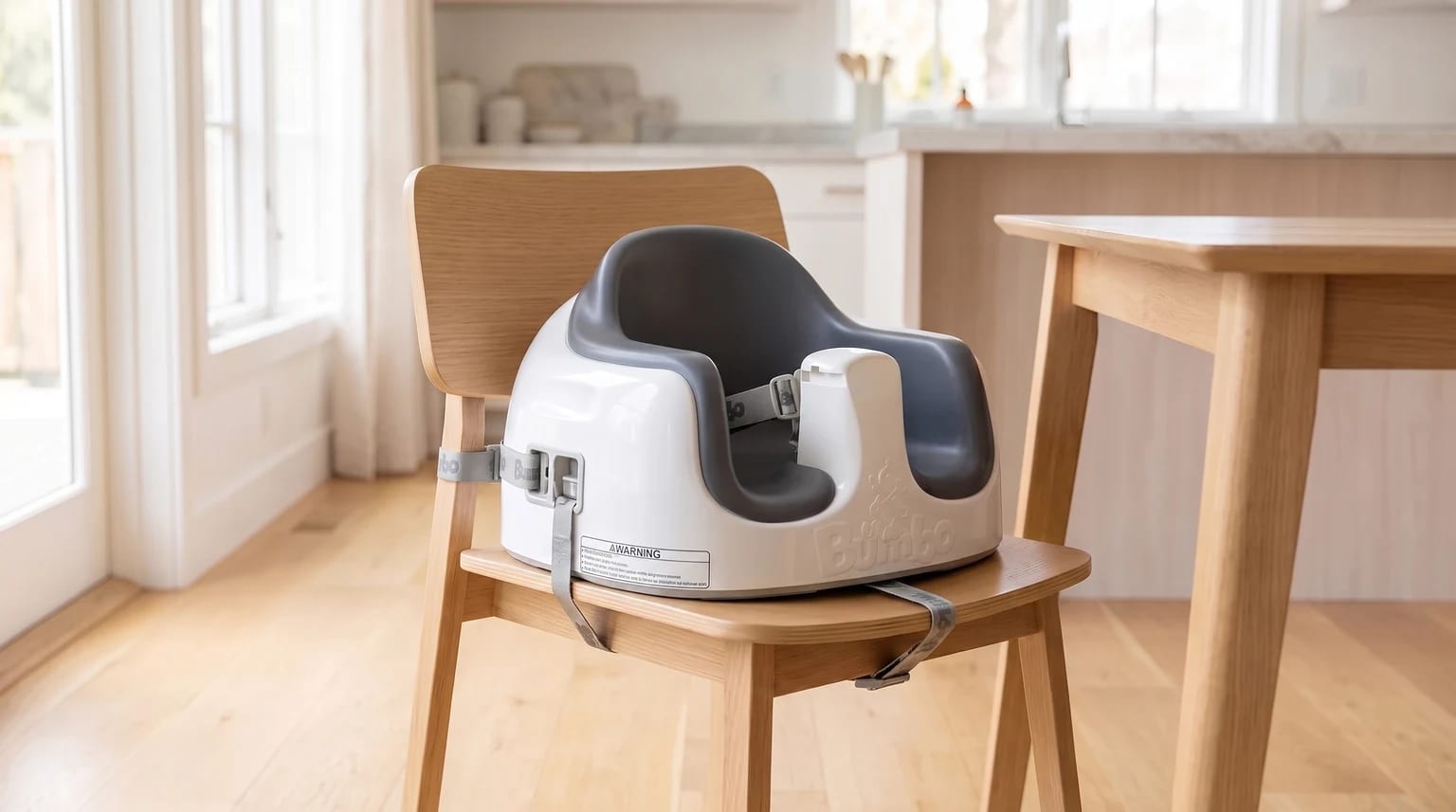 Cadeirinha de alimentação Bumbo Multi Seat nas cores branco e cinza, presa com cintas a uma cadeira de madeira em uma cozinha iluminada.
