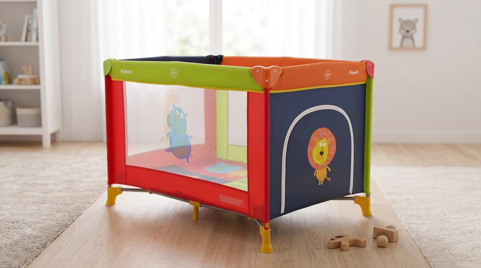 Cercadinho infantil colorido com estrutura vermelha, verde e laranja e laterais de tela, montado sobre um piso de madeira em um quarto claro.